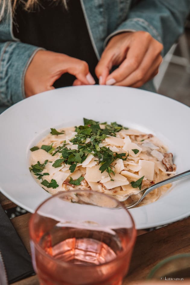 creamy pasta covered in cheese from a restaurant in ystad