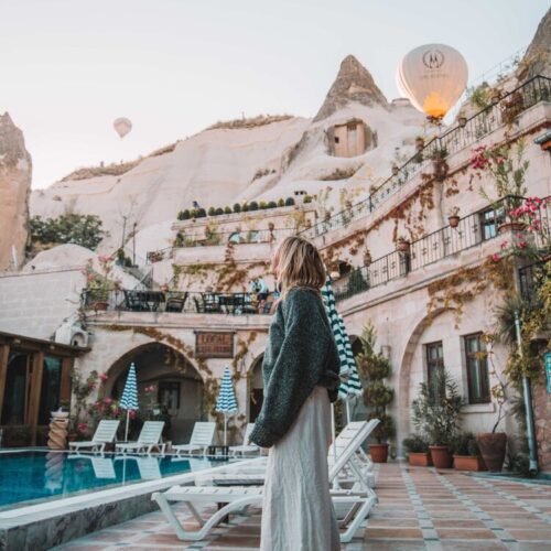 Local Cave house hotel view of hot air balloons