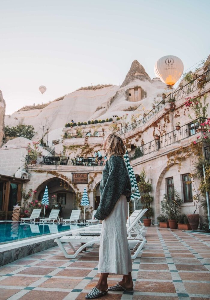 Local Cave house hotel view of hot air balloons