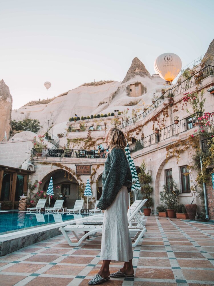 Local Cave house hotel view of hot air balloons