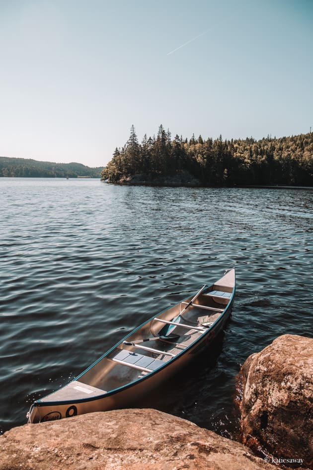 canoe in blue water surrounded by pine forest