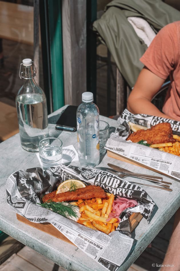 fish and chips on a table at Fiskeboa Vrångö island gothenburg