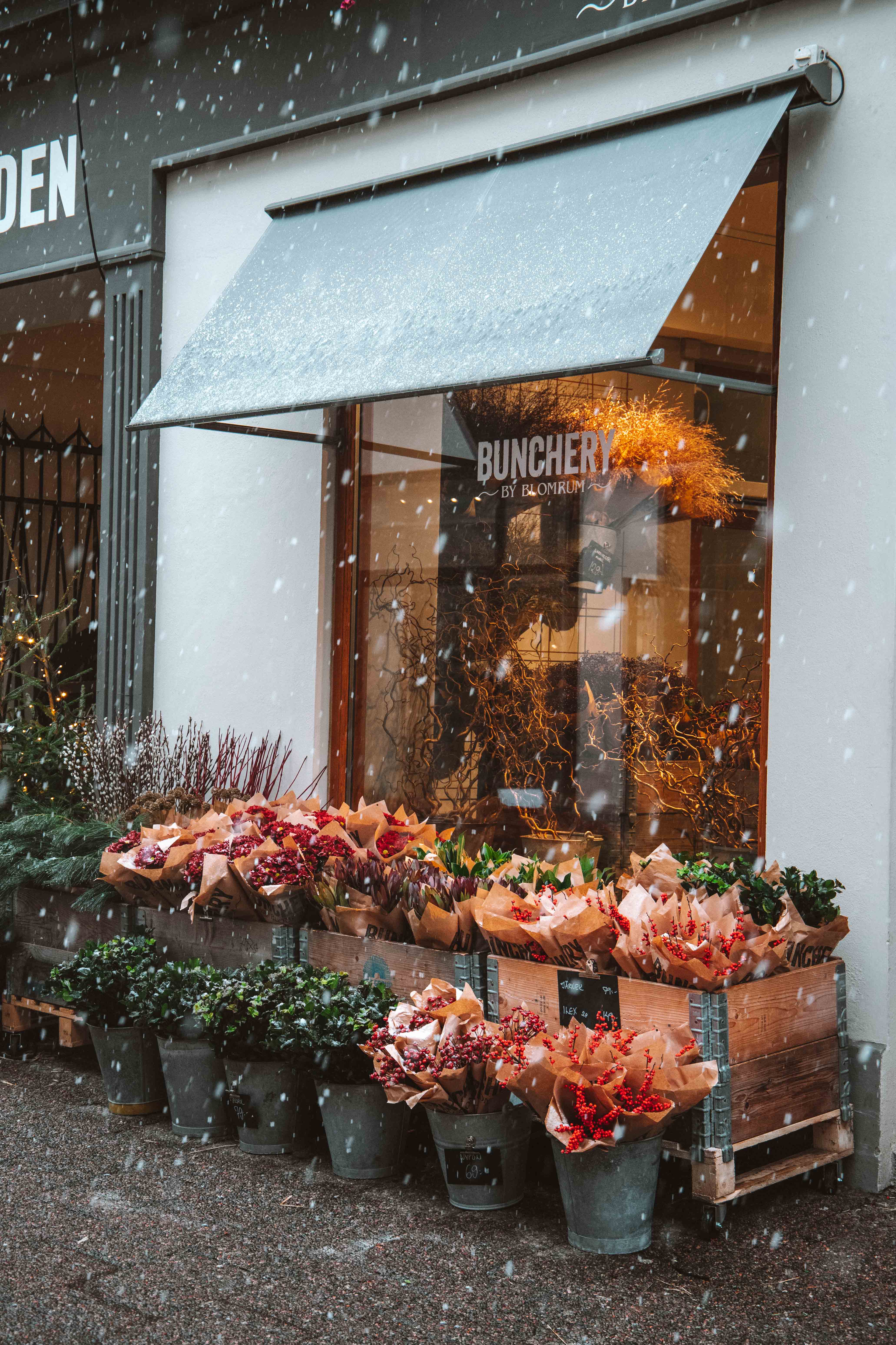 snowing outside flower shop in sweden