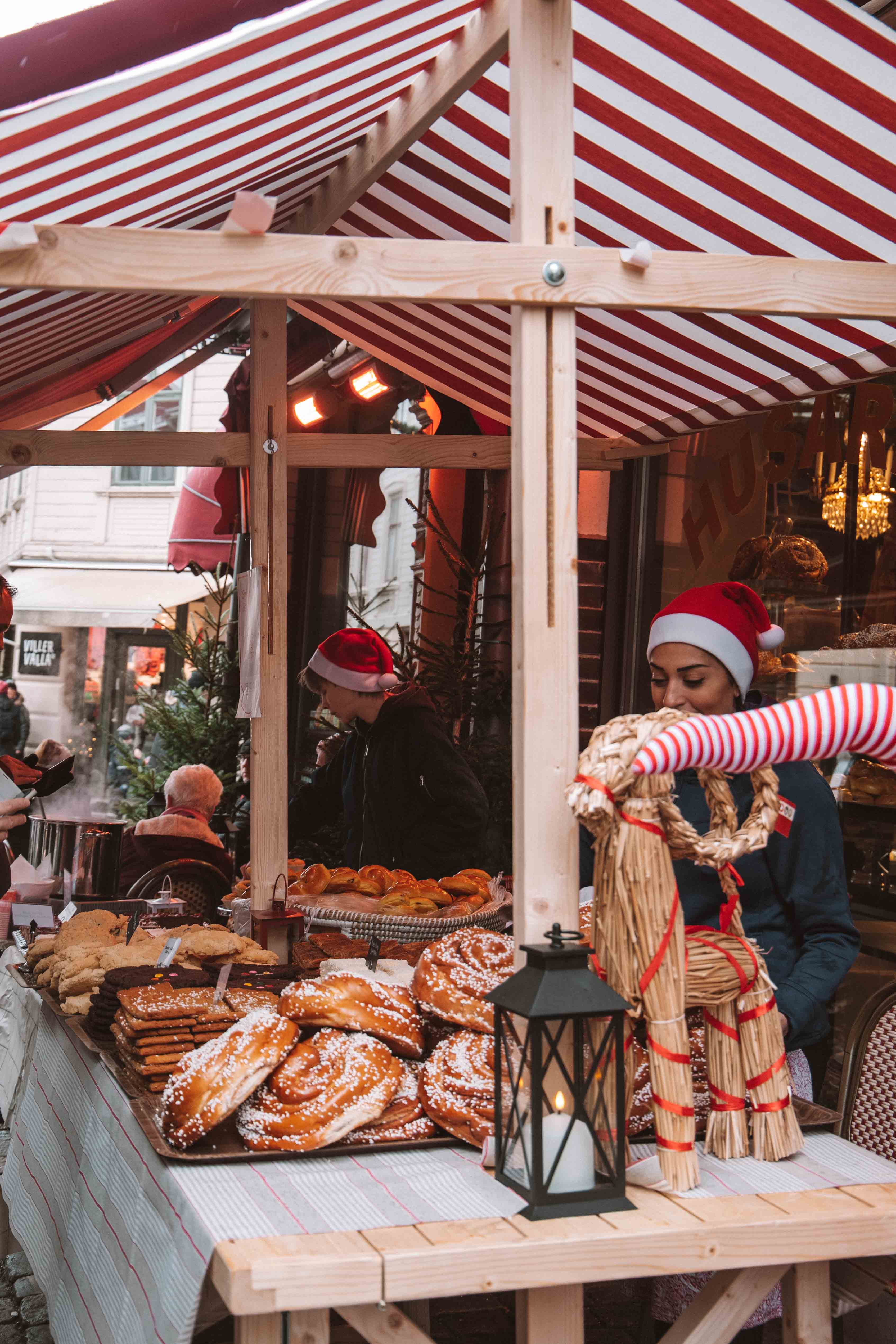 christmas market stall outside cafe husaren in haga, gothenburg