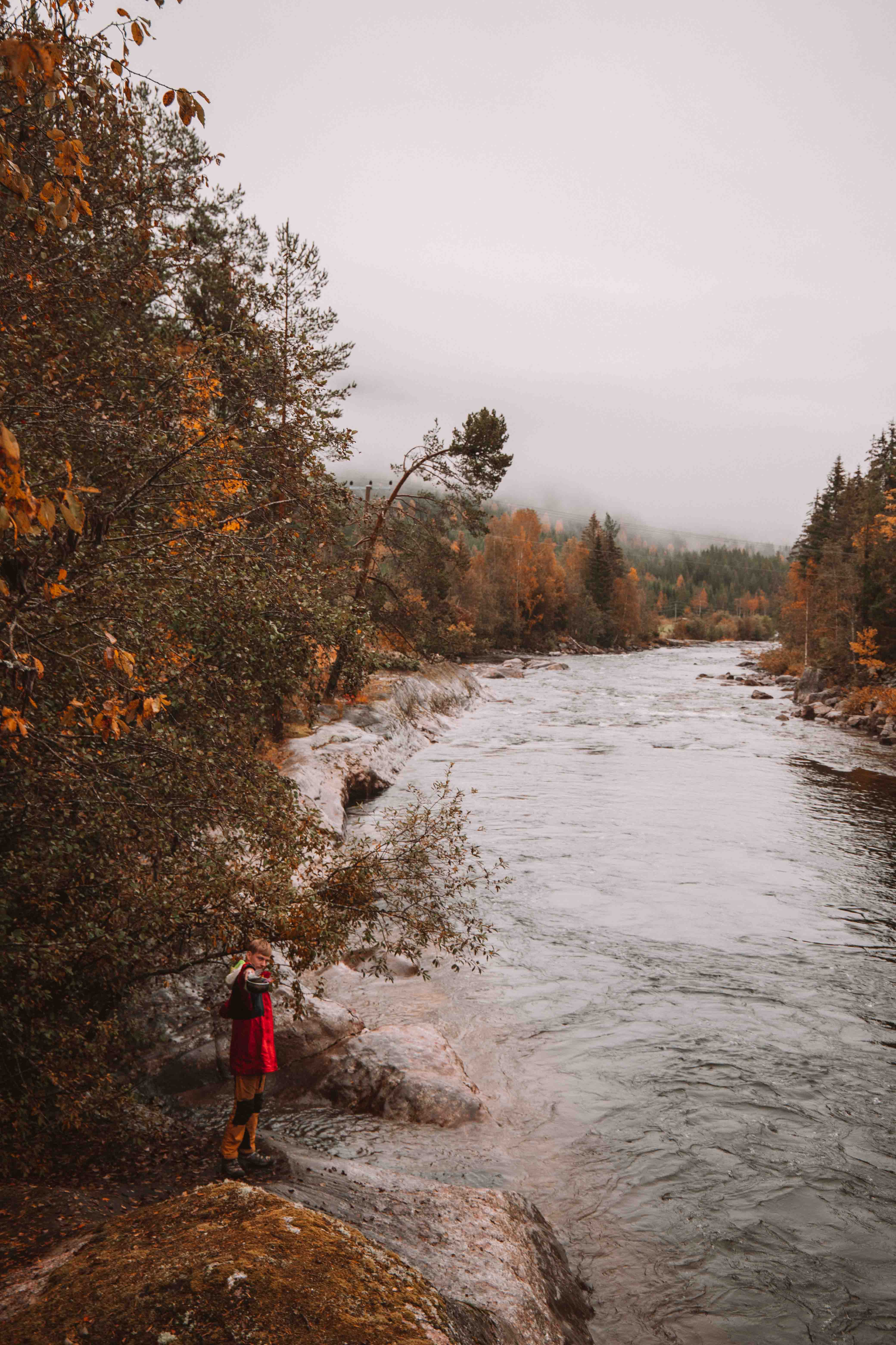 boy by a stream in norway during autumn