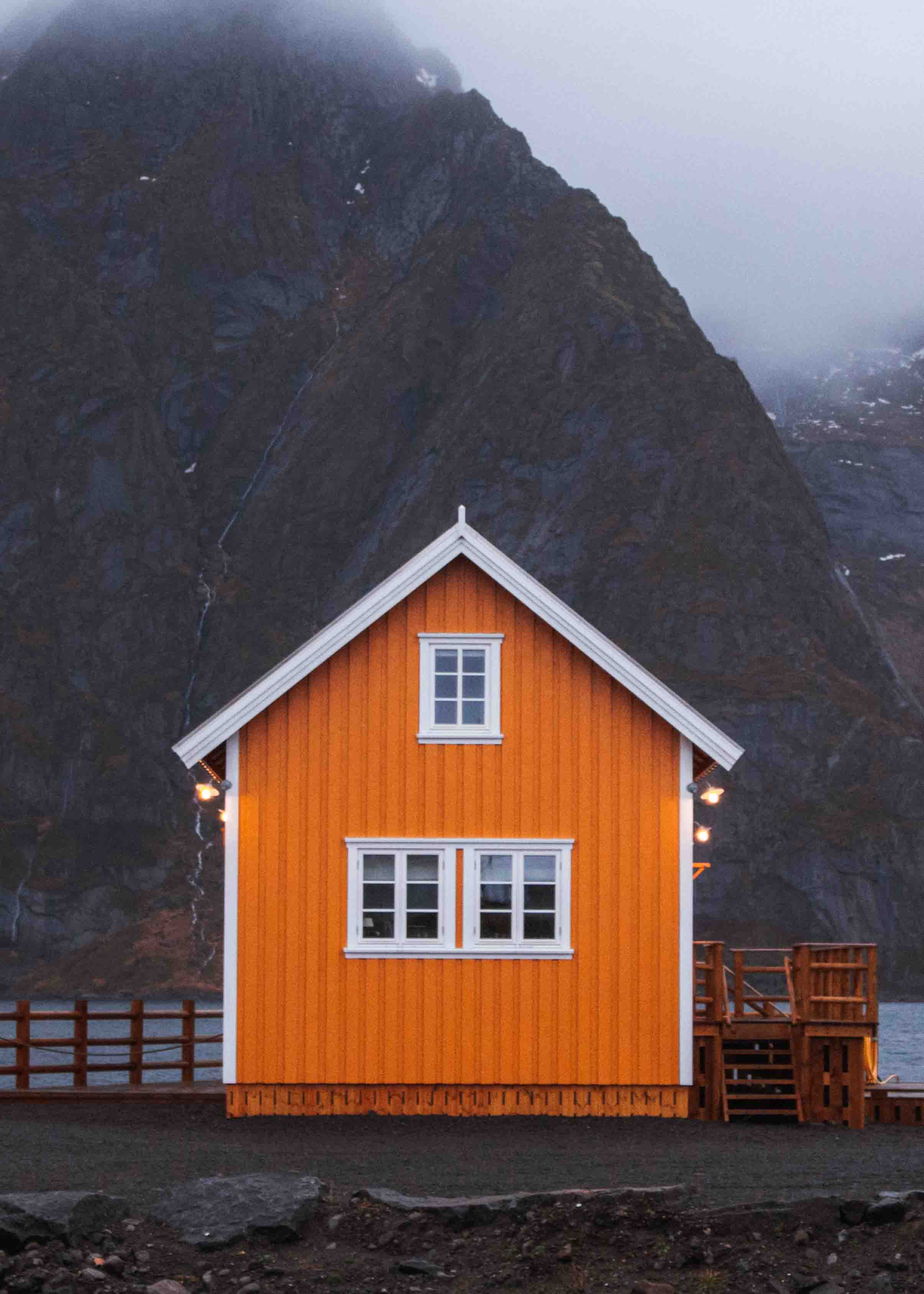 Sakrisøya lofoten yellow fishing huts in winter