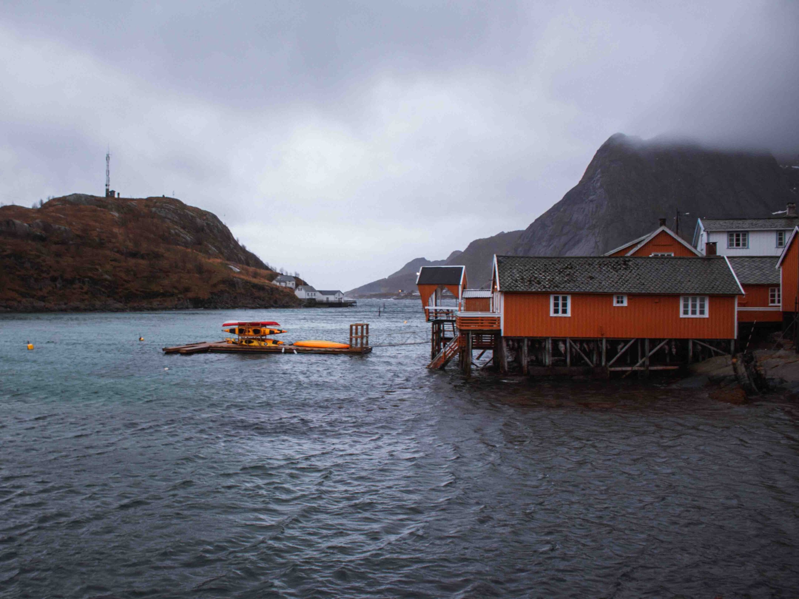 Sakrisøya lofoten yellow fishing huts in winter