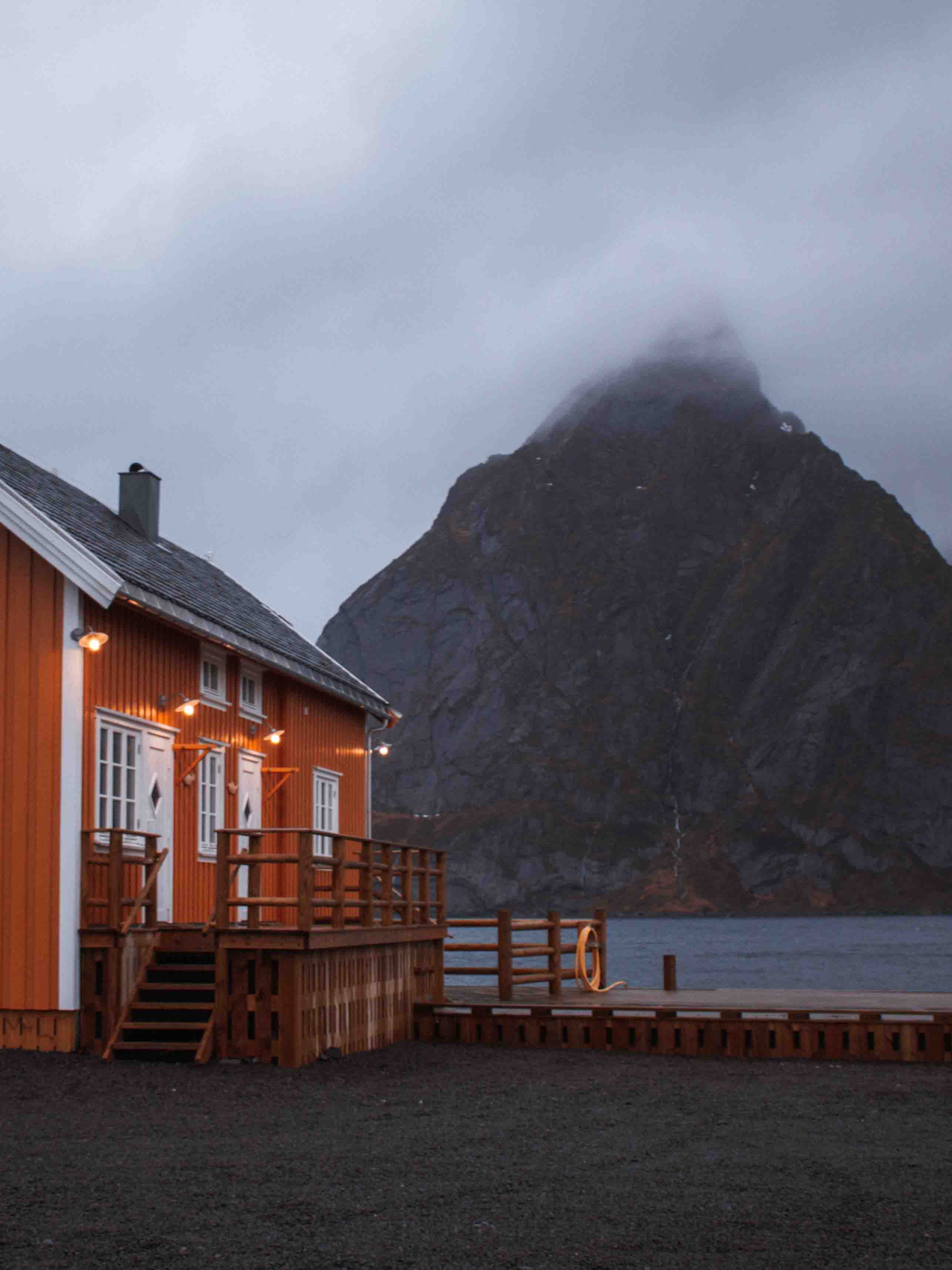 Sakrisøya lofoten yellow fishing huts in winter