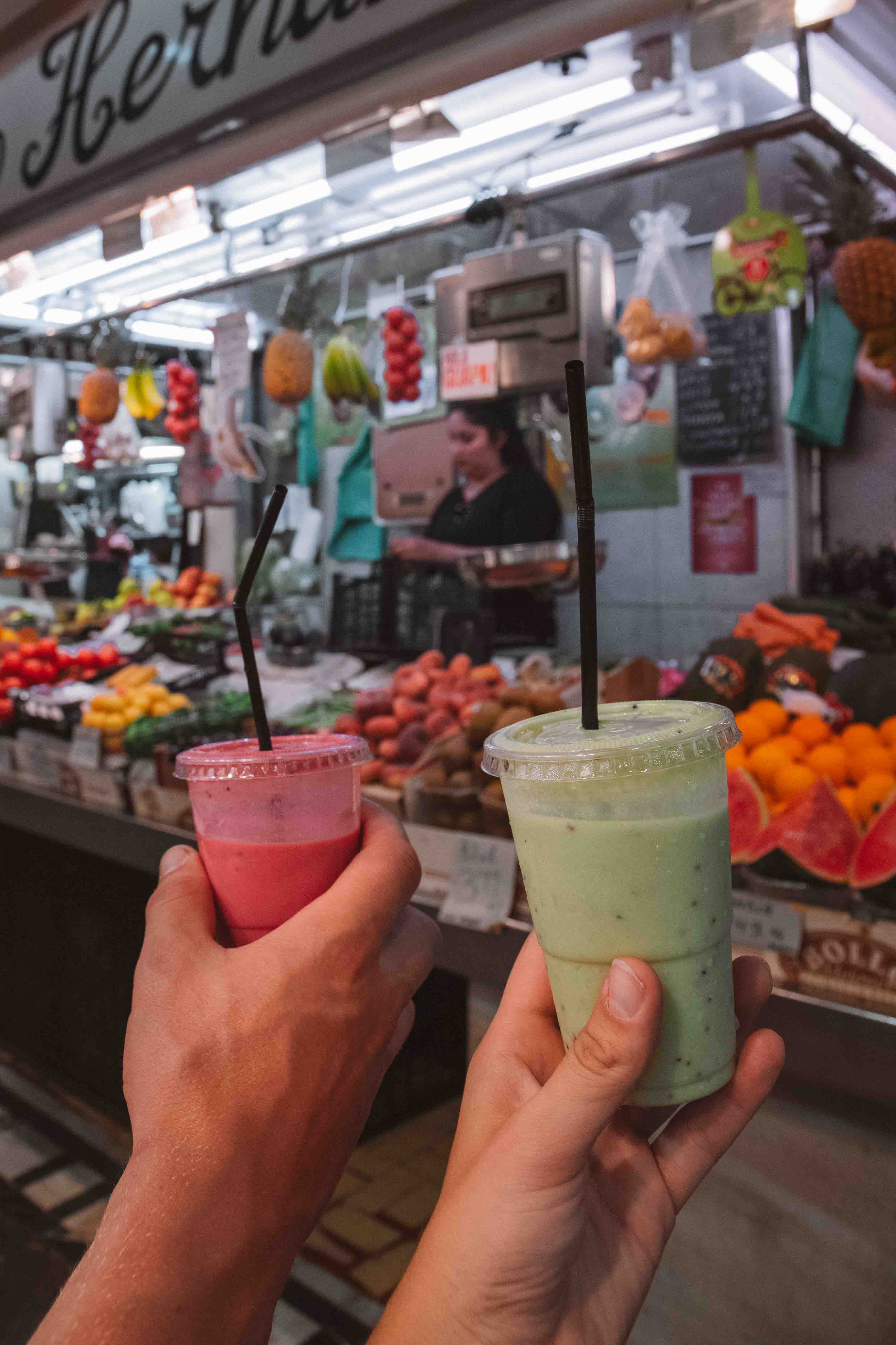 Smoothies bought from a stall inMercado de la Boqueria