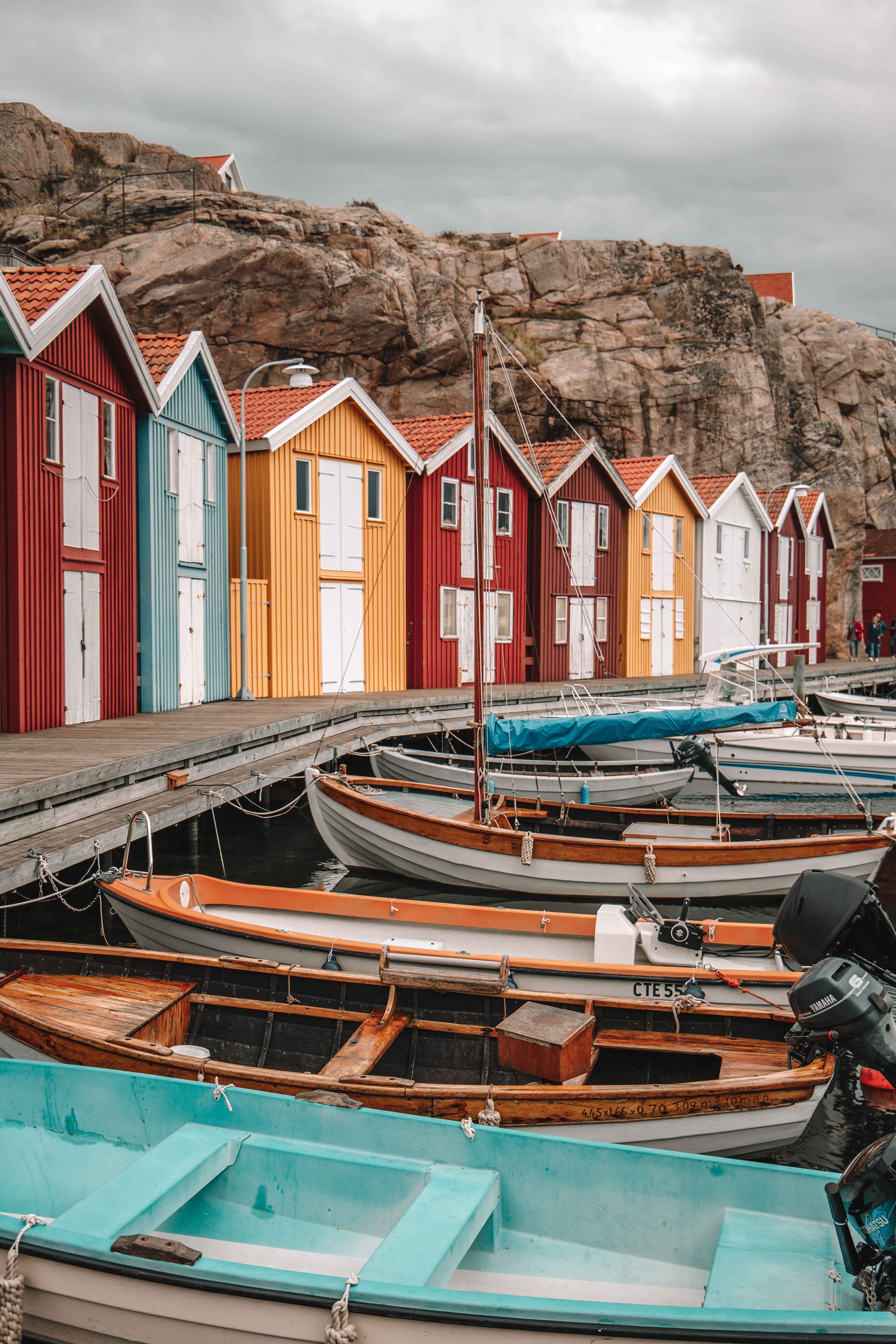 The colourful wooden boat houses that line Smögenbryggan