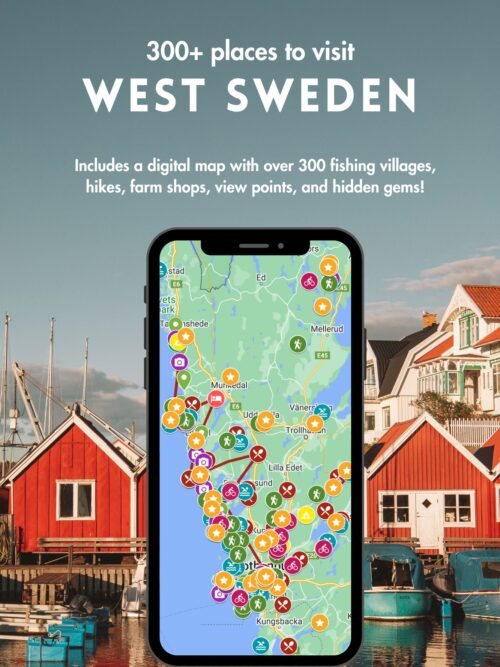 West Sweden map cover - describes product which is a map with over 300 fishing villages, hikes, farm shops, view points and swimming spots in west sweden