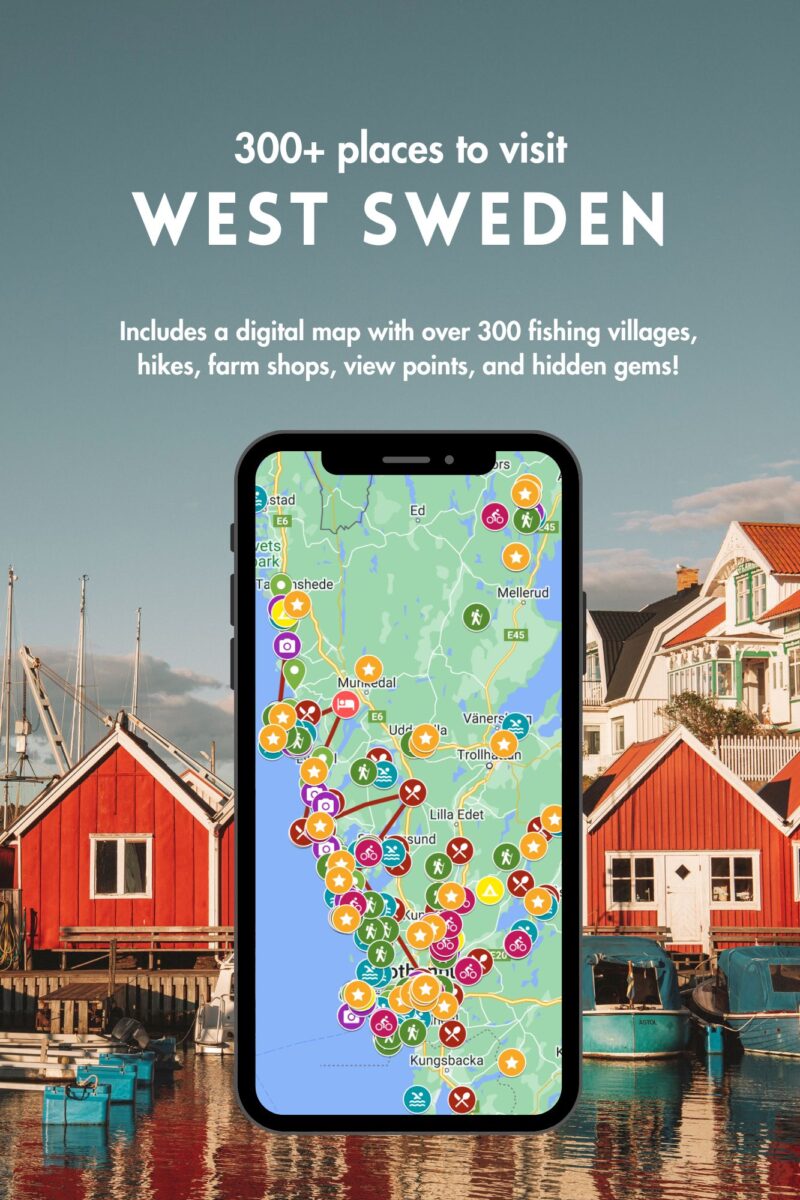 West Sweden map cover - describes product which is a map with over 300 fishing villages, hikes, farm shops, view points and swimming spots in west sweden