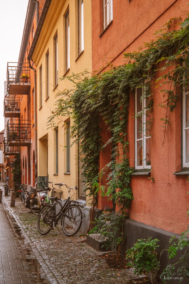 Red, yellow and orange stone houses in Malmö with a bike outside and green growing along the facade