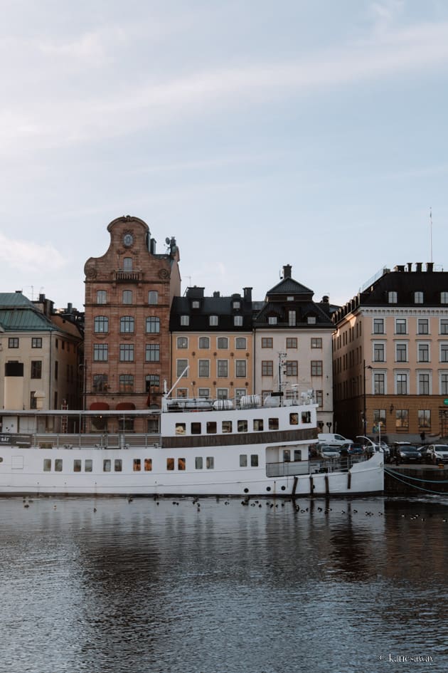 Archipelago cruise boat in Stockholm harbour with old town behind